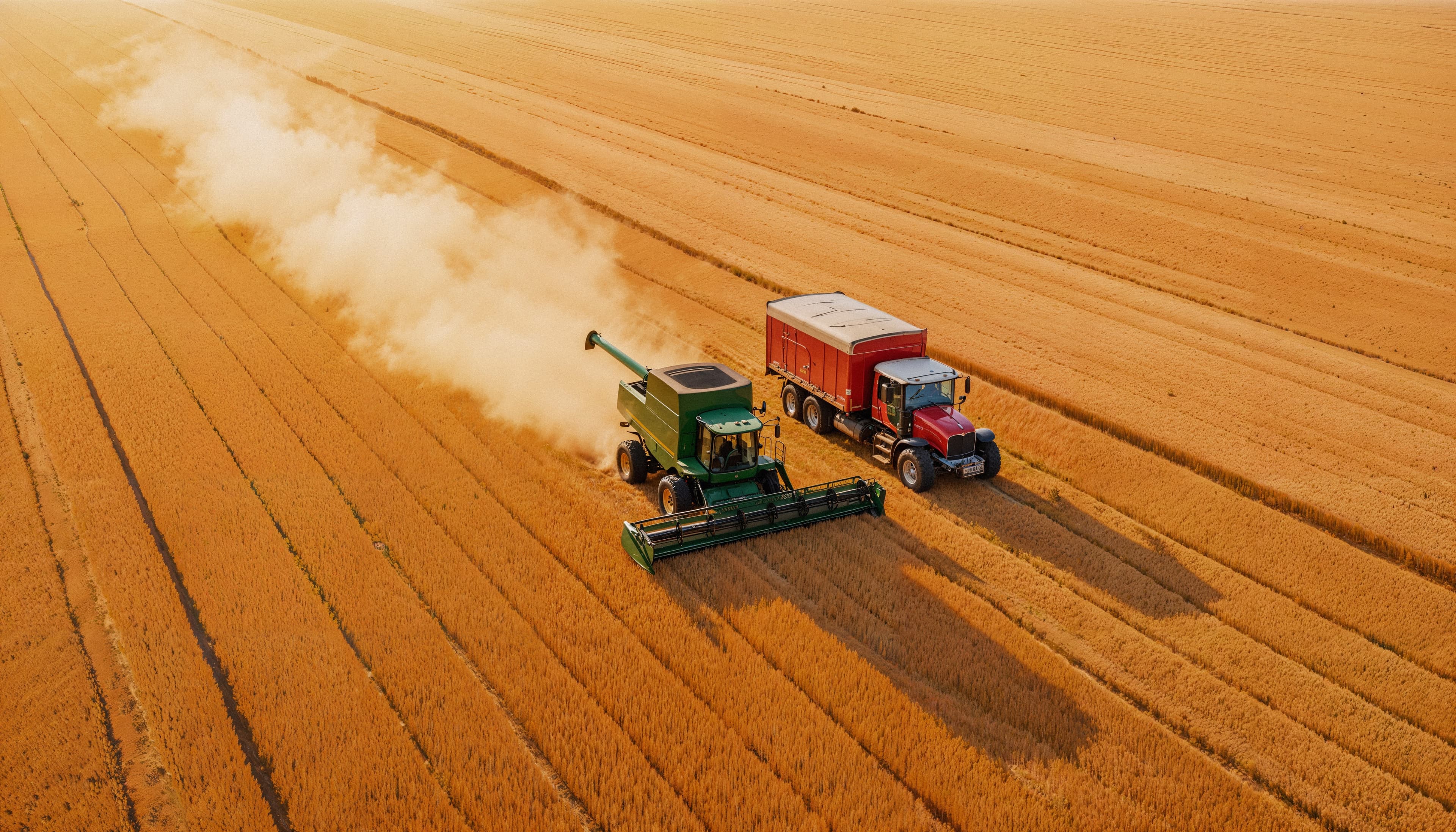 A combine harvester in a wheat field at sunset